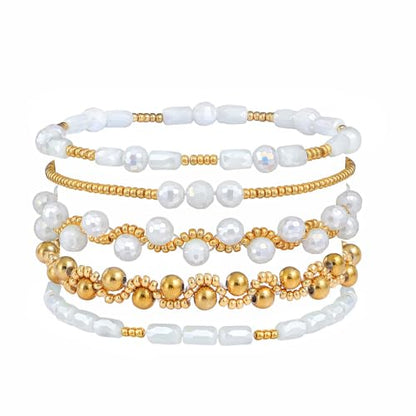 Dainty Gold Plated Pearl Crystal Beaded Bracelets Set for Women 14K Gold Plated Bead Pearl Beads Bracelet Stackable Paperclip Link Chain Bracelets Gold Plated Bracelets for Women Trendy Jewelry - color: Style5-2 White