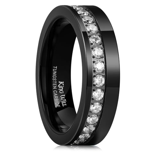 King Will Mens Tungsten Wedding Band with Cubic Zircon Inlay 7mm/8mm Flat Cut Comfort Fit Engagement Rings - color: Black&White-6mm