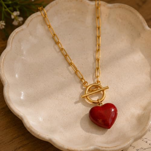 Teardrop CZ Pendant Paperclip Chain Necklace 18K Plated Paperclip Toggle Necklace Jewelry Birthstone Gift for Women - color: Red patterned