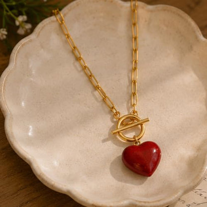 Teardrop CZ Pendant Paperclip Chain Necklace 18K Plated Paperclip Toggle Necklace Jewelry Birthstone Gift for Women - color: Red patterned