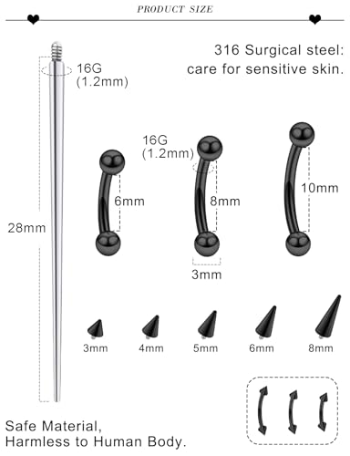 16G Eyebrow Ring Piercing Jewelry Surgical Steel Curved Barbell Vertical Labret Lip Ring Rook Daith Earrings Small Belly Button Ring Piercing Jewelry for Women Silver Black Gold 6MM 8MM 10MM - color: Black, 6mm 8mm 10mm
