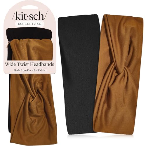 Kitsch Wide Headbands for Women Non Slip - Black and Camel, 2pcs | Running Headbands for Girls, Ideal for Working Out, Yoga, Gym, or Lounging – Stretchy Head Bands – Fashion Hair Accessories - color: Black & Camel