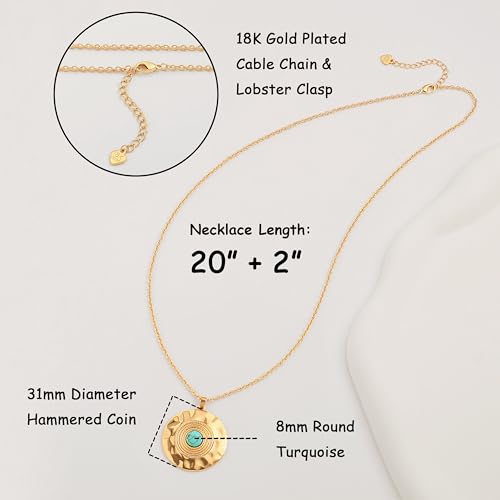 Aobei Pearl 18K Gold Plated Pendant Necklace for Women Dainty Gold Chain Choker Love Heart Disc Coin Pearl Cross Toggle Jewelry - style: Turquoise Hammered Coin
