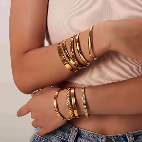 Joo&Rind Gold Bangle Bracelets for Women 18K Gold Plated Stainless Steel Bracelet Oval Hinged Bangles for Small Wrists Non Tarnish Waterproof with Cubic Zirconia Jewelry Gift for Everyday Wear Birthday - color: Square White Zirconia-Gold