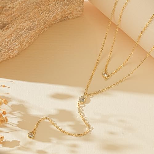 14K Gold Plated Layered Lariat Necklace for Women - Waterproof Non-Tarnish Dainty Gold Chain Necklace, Long Boho Statement Jewelry for Wedding, Prom, Summer Vacation Gifts - color: Layered CZ Y Necklace-Gold