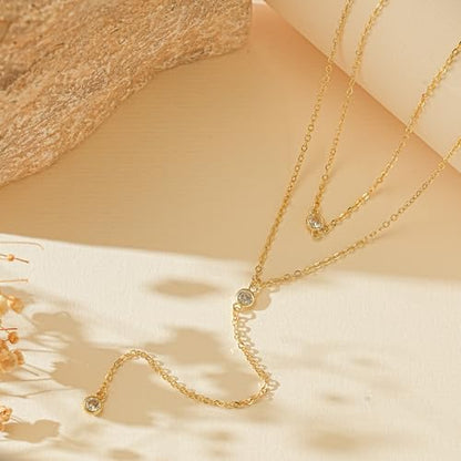 14K Gold Plated Layered Lariat Necklace for Women - Waterproof Non-Tarnish Dainty Gold Chain Necklace, Long Boho Statement Jewelry for Wedding, Prom, Summer Vacation Gifts - color: Layered CZ Y Necklace-Gold
