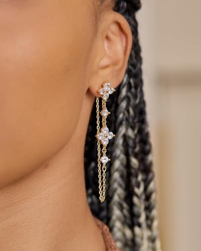 Dangle Earrings for Women - 14K Gold/White Gold/Rose Gold Plated Butterfly Heart Star Hoop Chain Long Tassel Cubic Zirconia CZ Dangle Earrings - color: Clover dangle