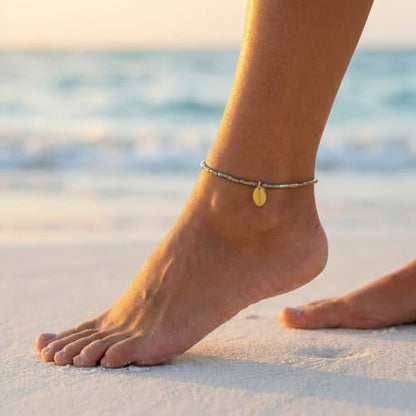 Womens Hematite Anklet, Handmade Foot Chain, Elastic Beach Chakra Jewelry - color: Ank-2