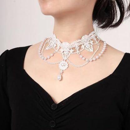 MILAKOO Lace Tattoo Choker for Women Elegant Goth & Elegant Necklace Collarbone Pearl Pendant Collar - color: White C