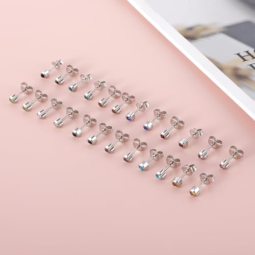 12 Pairs Surgical Stainless Steel Cubic Zirconia Birthstone Stud Earrings Heart Star Round Multicolors Stud Earrings Set for Women - style: Silver heart 4mm