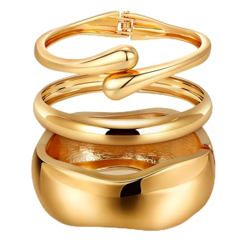 Chunky Gold Bangle Bracelets for Women Trendy 14K Gold Plated Cuff Bracelets Stack, Dainty Gold Bracelet Sets Non Tarnish Fashion Jewelry Gift - style: Gold-3pc-004
