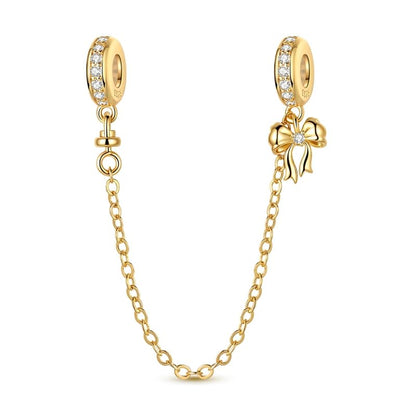 925 Sterling Silver Charms for Bracelets and Necklaces Lipstick and Perfume High Heels Dangle Pendants Heart Butterfly Bead Charms Halloween Christmas Gift for Womens - style: Gold Sparkling Bow Safety Chain