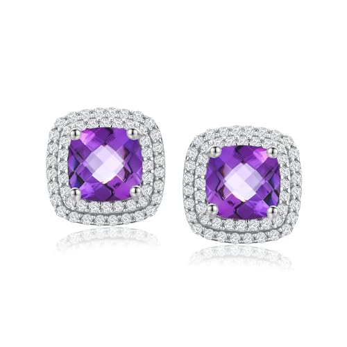 Dainty Birthstone Earrings for Women Sterling Silver Small Stud Earrings with Halo Cushion/Round Created Gemstone Earrings Birthstone Jewelry - style: A 02. Feb./created amethyst-cushion cut