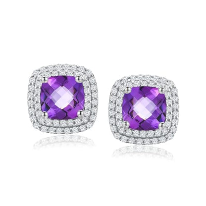 Dainty Birthstone Earrings for Women Sterling Silver Small Stud Earrings with Halo Cushion/Round Created Gemstone Earrings Birthstone Jewelry - style: A 02. Feb./created amethyst-cushion cut