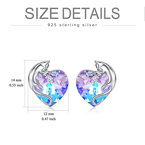 AOBOCO 925 Sterling Silver Cute Cat Studs Earrings for Women | Heart Crystals from Austira Cats Jewelry Gifts for Cat Lovers - color: Violet Purple