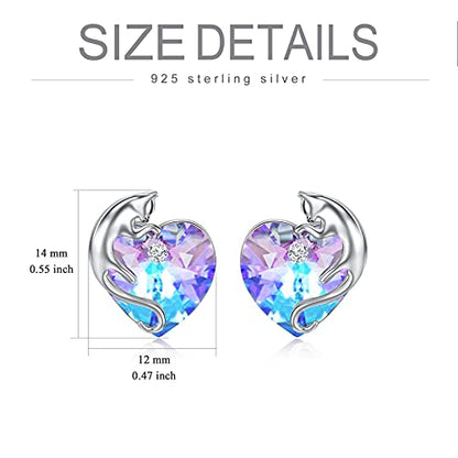 AOBOCO 925 Sterling Silver Cute Cat Studs Earrings for Women | Heart Crystals from Austira Cats Jewelry Gifts for Cat Lovers - color: Violet Purple