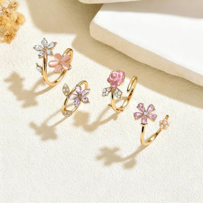 Flower Rings for Women Gold Adjustable Rings Set, Pink Enamel Rose Daisy Stackable Rings with Cubic Zirconia, Dainty Floral Knuckle Rings Jewelry for Party Wedding Gifts - color: Gold-01