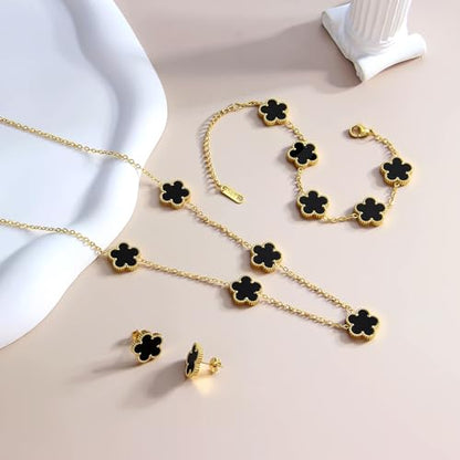 AmorArtSky Lucky Clover Jewelry Set - 18K Gold Plated Flower Design Five Leaf Bracelet, Necklace Pendant, Earrings for Women - Lucky Gifts for Mom, Wife, Daughter, Friends - style: Lucky Clover Jewelry Sets_Black