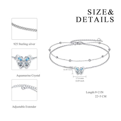 POPLYKE 925 Sterling Silver Double Layered Chain Evil Eye Daisy Sunflower Butterfly Anklets for Women Holiday Beach Crystal Ankle Bracelet Dainty Evil Eye Jewelry - style: Crystal Butterfly Anklet
