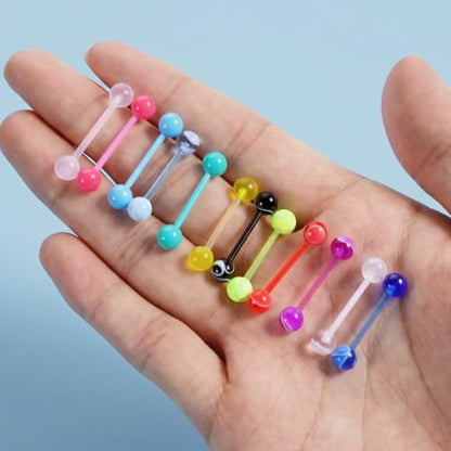 48Pcs Tongue Piercing Jewelry 14G Glow in Dark Acrylic Straight Tongue Rings Flexible Tongues Barbell Candy Color Tongues Rings for Women Men