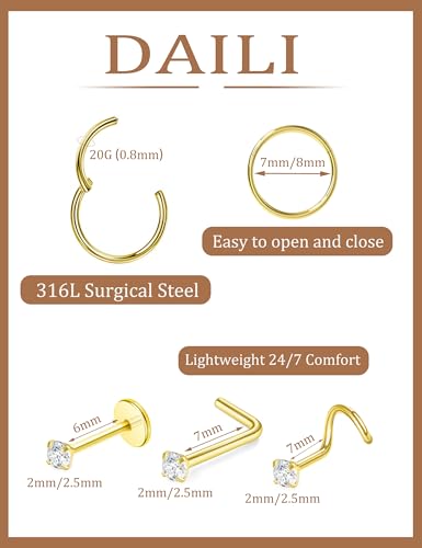 8PCS Titanium Nose Rings Stud, Gold Nose Ring for Women Men Hypoallergenic Nostril Hoops L Shape Nose Studs Corkscrew CZ Nose Piercing Jewelry Silver 18G & 20G Nose Ring Studs 2/2.5/3mm - style: Gold-8pcs nose stud