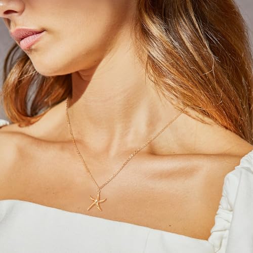 MTMY Gold Starfish Necklace 14K Gold Plated Shell Conch Ocean Pendant Necklace for Women Beach Summer Jewelry - style: wave starfish