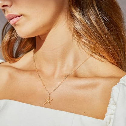 MTMY Gold Starfish Necklace 14K Gold Plated Shell Conch Ocean Pendant Necklace for Women Beach Summer Jewelry - style: wave starfish