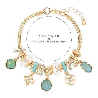Charm Bracelet Gold Bracelets for Women Gifts | LOVE Heart Hollow Flower Bow Pink Green Square Gemstone Beaded Charm Bracelet Cute Adjustable Bracelet Jewelry - style: Green Square Gemstone