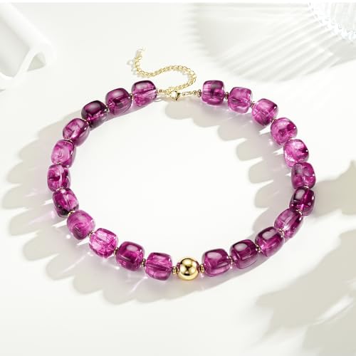 Ritach Chunky Beaded Necklaces for Women - Colorful Large Square Acrylic Beaded Necklace Boho Chunky Necklace Adjustable Statement Choker Necklace for Women Waterproof Summer Beach Jewelry Gifts - color: Purple