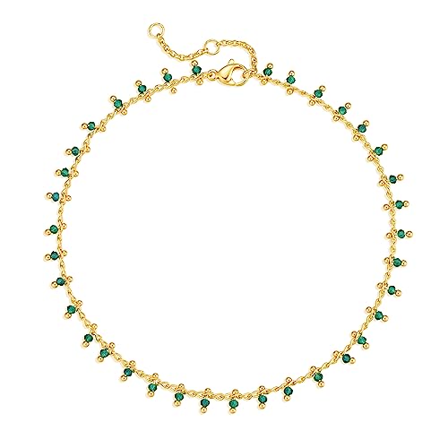 Gold Anklets for Women 14K Gold Plated Tiny Bead Anklet Colorful Tassel Foot Chain Dainty Adjustable Cute Summer Beach Boho Anklets Jewelry Gift - color: green crystal