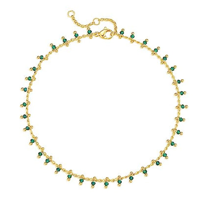 Gold Anklets for Women 14K Gold Plated Tiny Bead Anklet Colorful Tassel Foot Chain Dainty Adjustable Cute Summer Beach Boho Anklets Jewelry Gift - color: green crystal