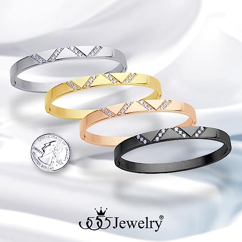 555Jewelry Womens Sparkling Cubic Zirconia Secure Hinge Lock Bangle Stainless Steel Bracelet - color: Silver Style 2
