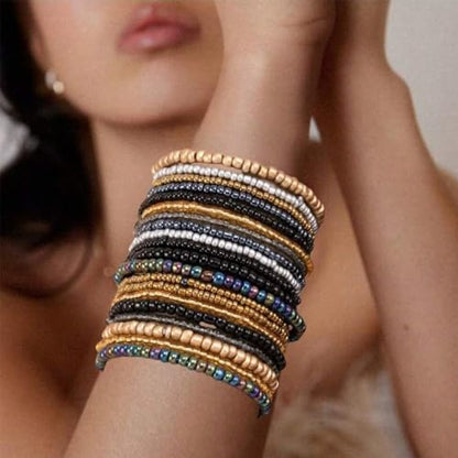 16-30Pcs Handmade Bohemian Colorful Crystal Seed Beads Stackable Adjustable Elastic Stretch Multilayerd Bracelets for Women Summer Vacation Beach Boho Bangle Jewelry - color: black