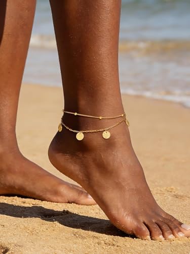 U7 Silver/Gold/Black Ankle Bracelets for Women Layered Chain Anklets | Stainless Steel Anklets Waterproof Summer Beach Anklet Charm, Adjustable 8.5"-10.5",Layered Anklet Fashion - color: Gold - Ball Chain+Paperclip Chain