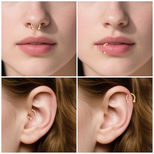 D.Bella 22G 20G 18G 16G 14G 12G 10G 8G 6G 4G 2G 0G 00G Surgical Steel Nose Septum Horseshoe Hoop Eyebrow Lip Navel Belly Nipple Piercing Ring Helix Tragus Daith Rook Captive Earrings Replacement Spikes - color: A8 -4pcs, Rose Gold & black, size: 16g,10mm