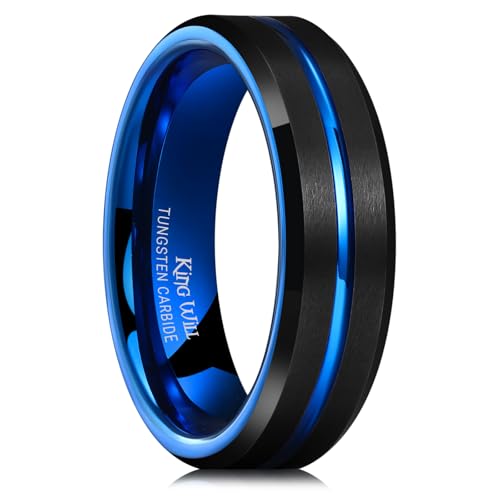 King Will Tungsten Carbide Wedding Band for Men Women-6/8/10mm Width Multicolor Available with Grooved Center Wedding Ring Suitable for Work, Gym Comfort Fit Size 4-16 - color: Black and Blue-6mm