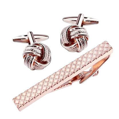 HAWSON Metal Cufflinks and Tie Clip Set for Men Novelty Cuff Links and Tie Bar Gifts for Wedding Level,Football, Musical Symbols Designs - color: Rose Gold Knot