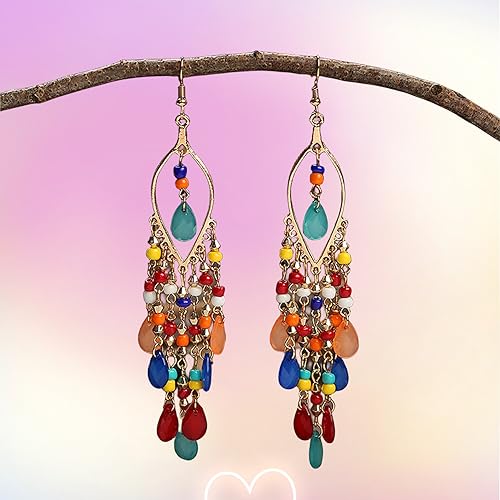 Essencedelight Crystal Beaded Tassel Earring Long Beaded Dangle Earring Fringe Hook Earring for Women Bridal Wedding - color: mixed color