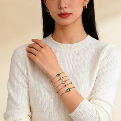 Alegend 14K Gold Plated Stackable Multilayer Bracelets + Titanium Steel(Not Rust, Resist Corruption, Easily Clean) 18K Gold Plated Single Bracelets - color: 14K Gold + 5PCS Crystal
