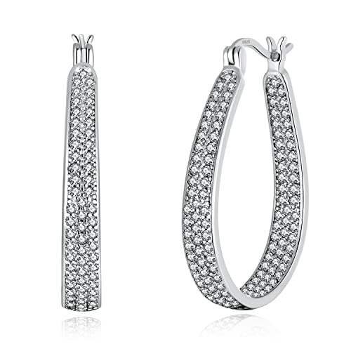 925 Sterling Silver Post Hoop Earrings for Women Gilrs Multcolors Cubic Zircon Hoops 14K Gold Plated Oval Chunky Hoop Earrings Jewelry Gift for Mothers Day/July 4th/Wedding/Party/Christmas - color: White