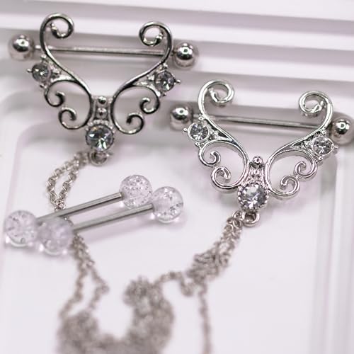 VERAMI 14G 316L Double Chain Connecting Heart CZ Nipple Rings Stainless Steel Skull Angel Piercing Barbell Body Pierced Jewelry for Women - color: Silver-A
