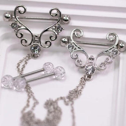 VERAMI 14G 316L Double Chain Connecting Heart CZ Nipple Rings Stainless Steel Skull Angel Piercing Barbell Body Pierced Jewelry for Women - color: Silver-A