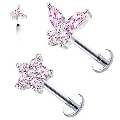 VERAMI 16G Surgical Steel Pushin Lip Rings Butterfly Flower Bee Nose Stud Rings Top Push in Threadless Flat Back Nose Rings Studs Cartilage Earrings for Womens - color: STYLE-7