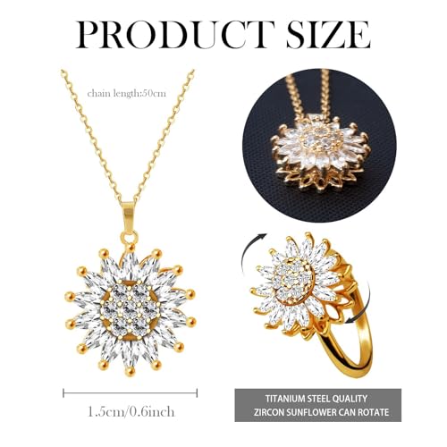 Sunflower Fidget Necklace for Women Gold Moon Necklace Rotating Heart Necklaces Spinning Crystal Flower Anxiety Necklaces Crescent Moons Jewelry Accessories - color: Set2