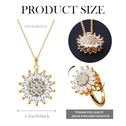 Sunflower Fidget Necklace for Women Gold Moon Necklace Rotating Heart Necklaces Spinning Crystal Flower Anxiety Necklaces Crescent Moons Jewelry Accessories - color: Set2