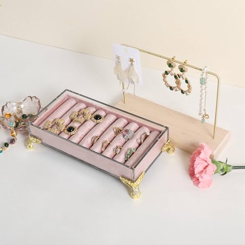 velvet slots Ring holder for jewelry organizer, Earring ring display stand for selling, felt ring jewelry holder tray showcase【Velvet slots Ring Holder-Pink】 - color: Pink