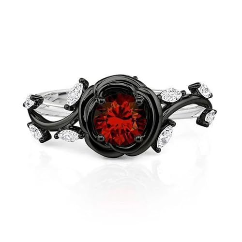 Jeulia Gothic Thorn Rose Ring, Round Cut Red Gemstone Engagement Ring, Two-Tone Black & Silver Statement Ring, S925 Sterling Silver Floral Promise Jewelry for Women