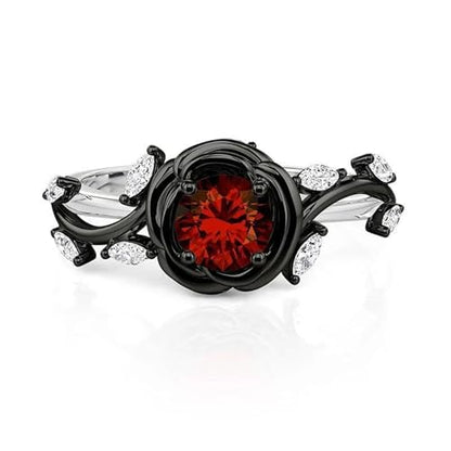 Jeulia Gothic Thorn Rose Ring, Round Cut Red Gemstone Engagement Ring, Two-Tone Black & Silver Statement Ring, S925 Sterling Silver Floral Promise Jewelry for Women