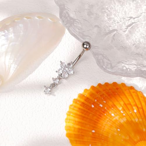 14G G23 Titanium Dangle Belly Button Ring for Women Flower CZ Dangling Belly Rings Cute Dainty Dangly Navel Ring Belly Piercing Jewelry - color: Silver