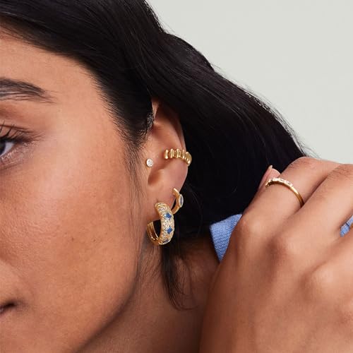 Dremmy Studios Dainty CZ Huggie Hoop Earrings 14K Gold Plated Chunky Simple Cute Thick Round Frill Bead Ball Starburst Cuff Earrings Cubic Zirconia Hoop Earrings Minimalist Personalized Gift for Her - color: Blue & White Hoops